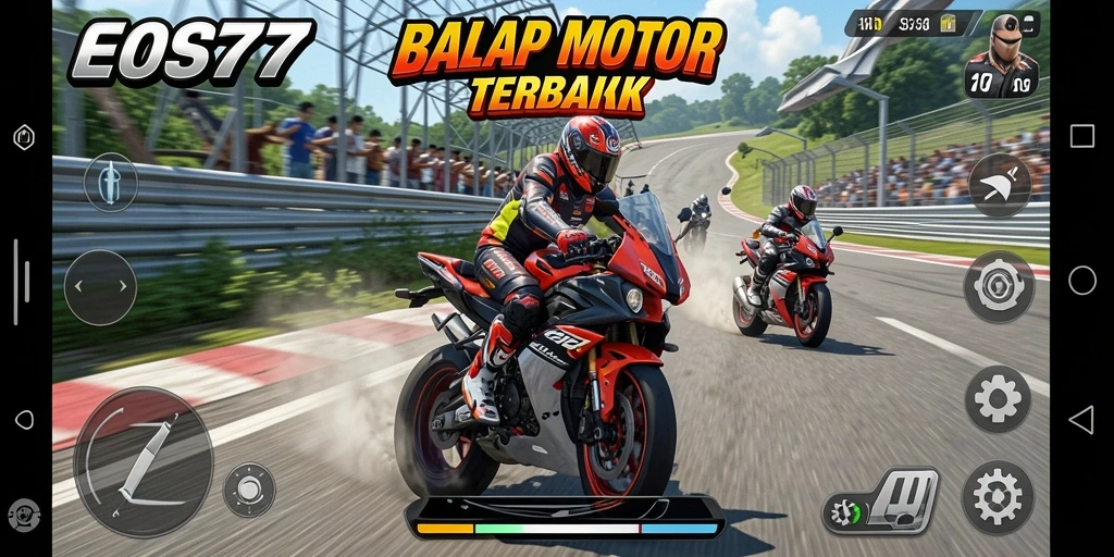 Screenshot gameplay <strong>EOS77</strong> menampilkan aksi balap motor yang mengesankan.