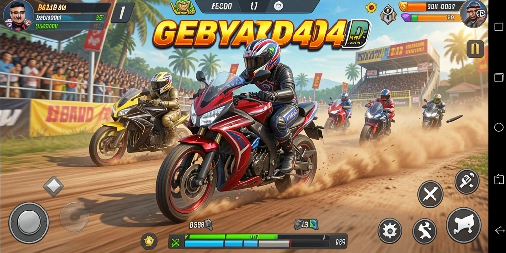 Tampilan gameplay GEBYAR4D dengan balapan motor yang mendebarkan.