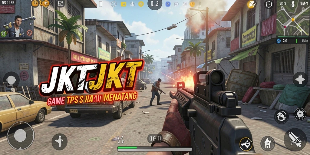 Tampilkan screenshot utama JKTJKT dengan aksi gameplay yang intens.