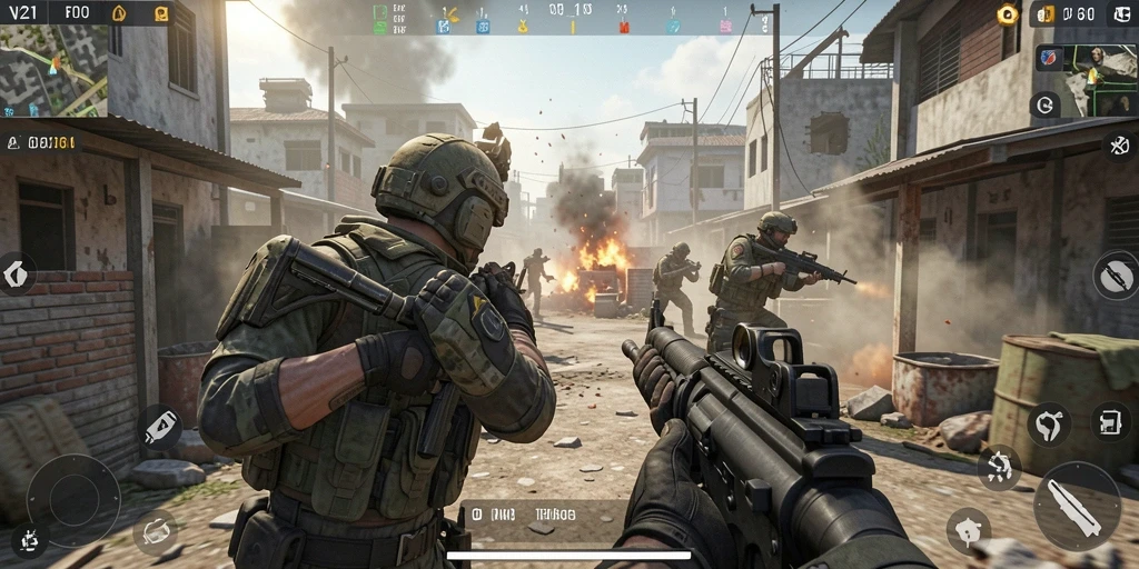 Tampilan gameplay V21 yang menegangkan dengan aksi tembak-menembak.
